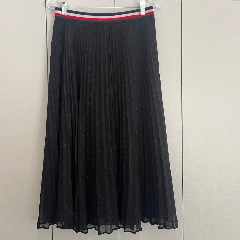 Tommy Hilfiger Shimmer Metallic Black Pleated Elastic Waist Midi Skirt M